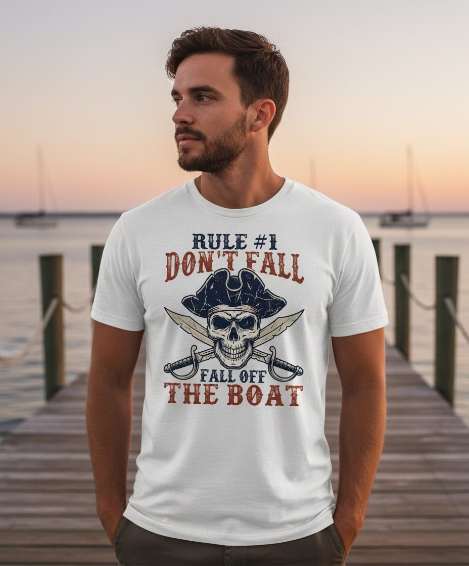 Rule 1 Don't Fall Off the Boat pirate T-Shirt White lifestyle mockup