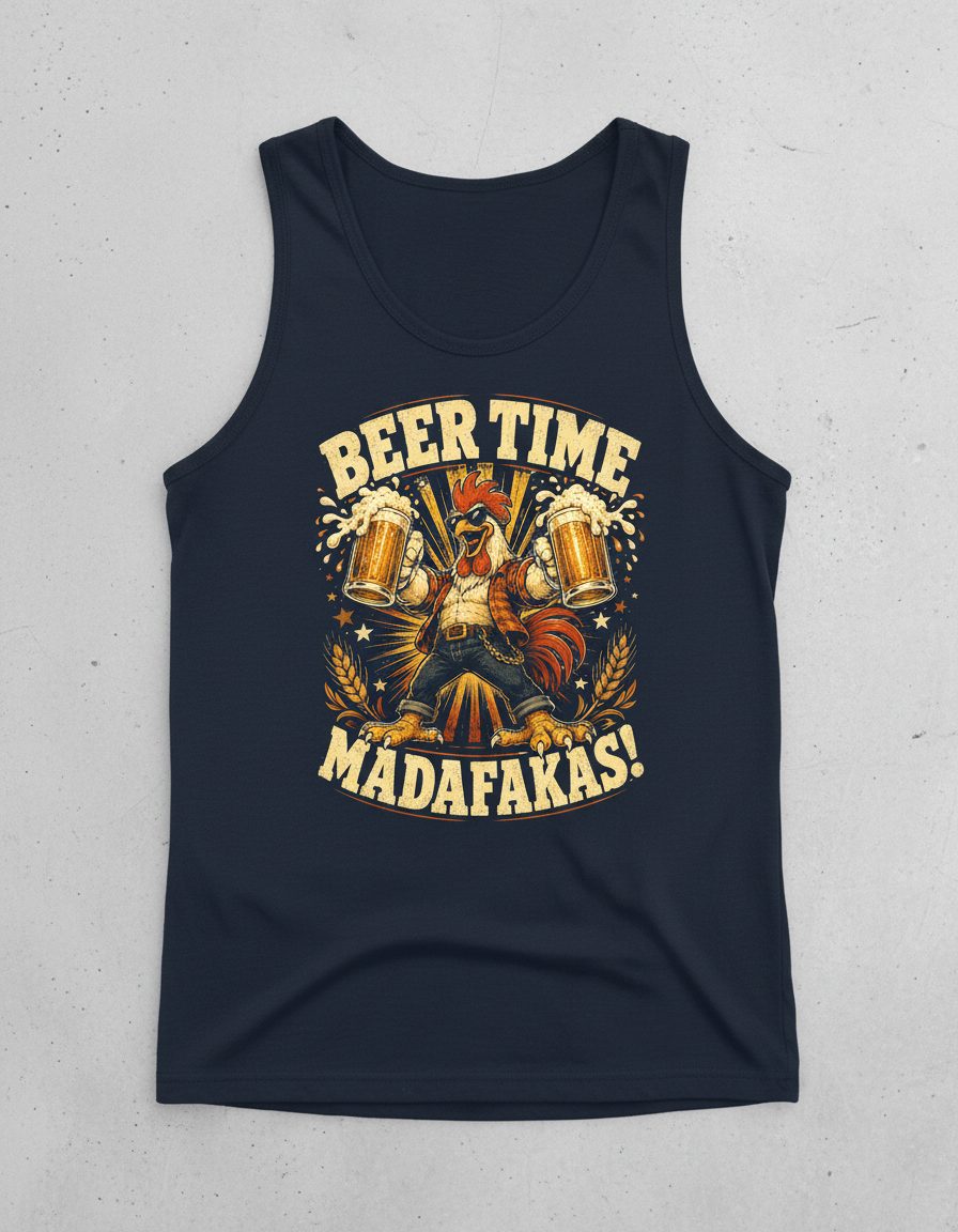 Beer Time Madafakas Funny Rooster Tank Top - product mockup - Navy
