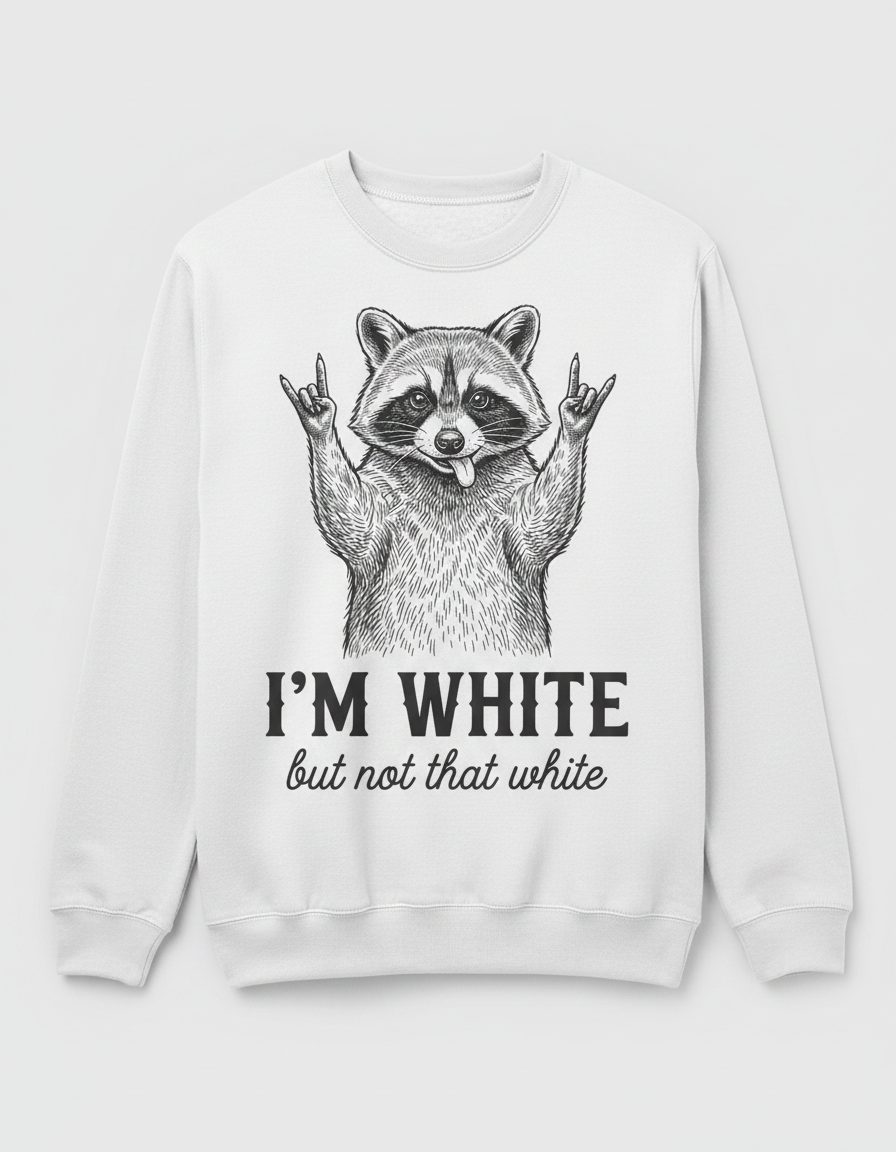 I'M WHITE but Not That White Funny Raccoon Sweatshirt - product mockup - White