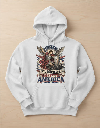 St Michael Defend America Vintage Patriotic Christian Hoodie - product mockup - White