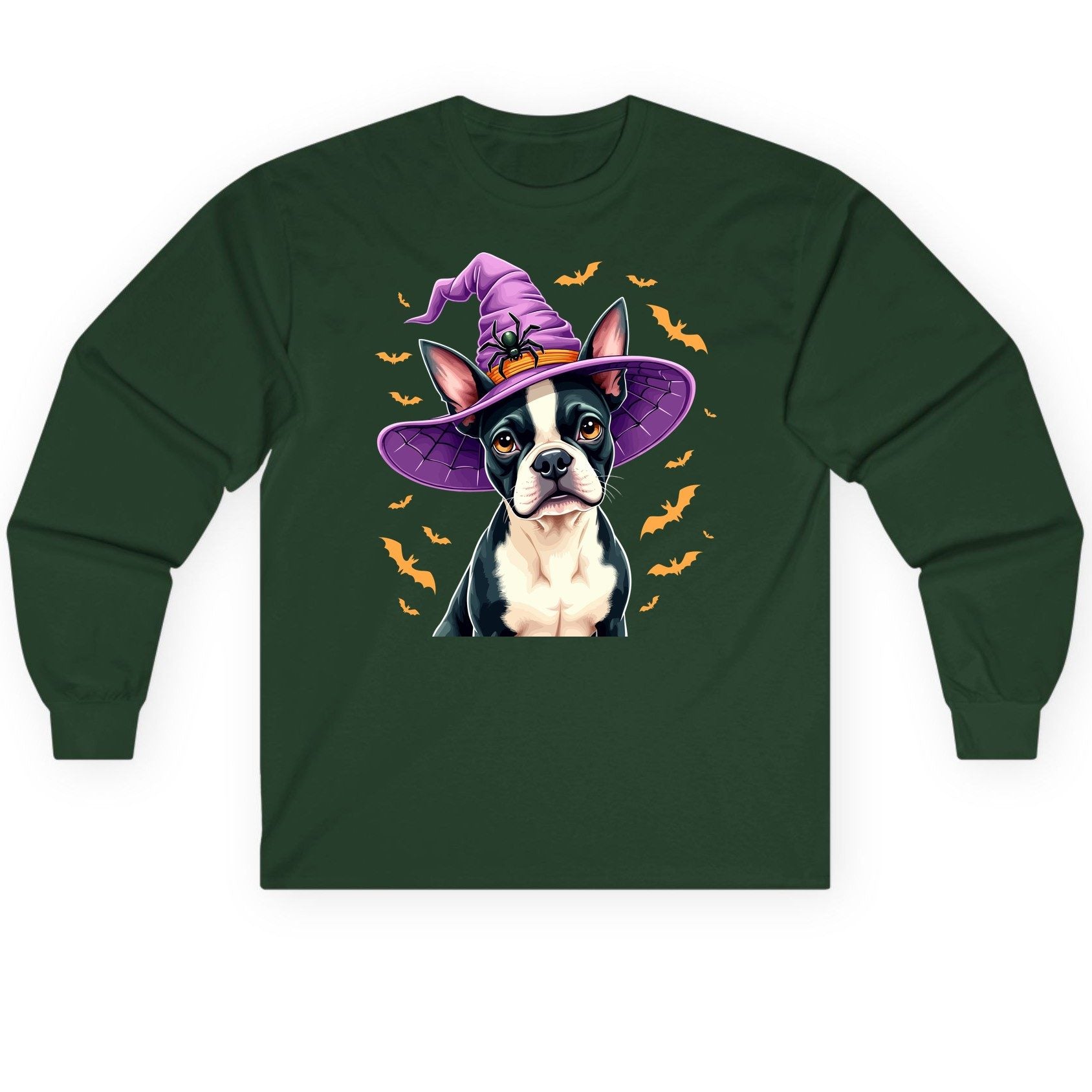 Halloween Boston Terrier Witch boston terrier Long Sleeve Tee Forest Green product mockup