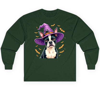 Halloween Boston Terrier Witch boston terrier Long Sleeve Tee Forest Green product mockup