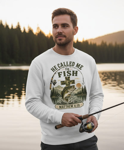 HE CALLED ME TO FISH Matthew 4 19 Christian Fishing Sweatshirt - lifestyle model mockup - White