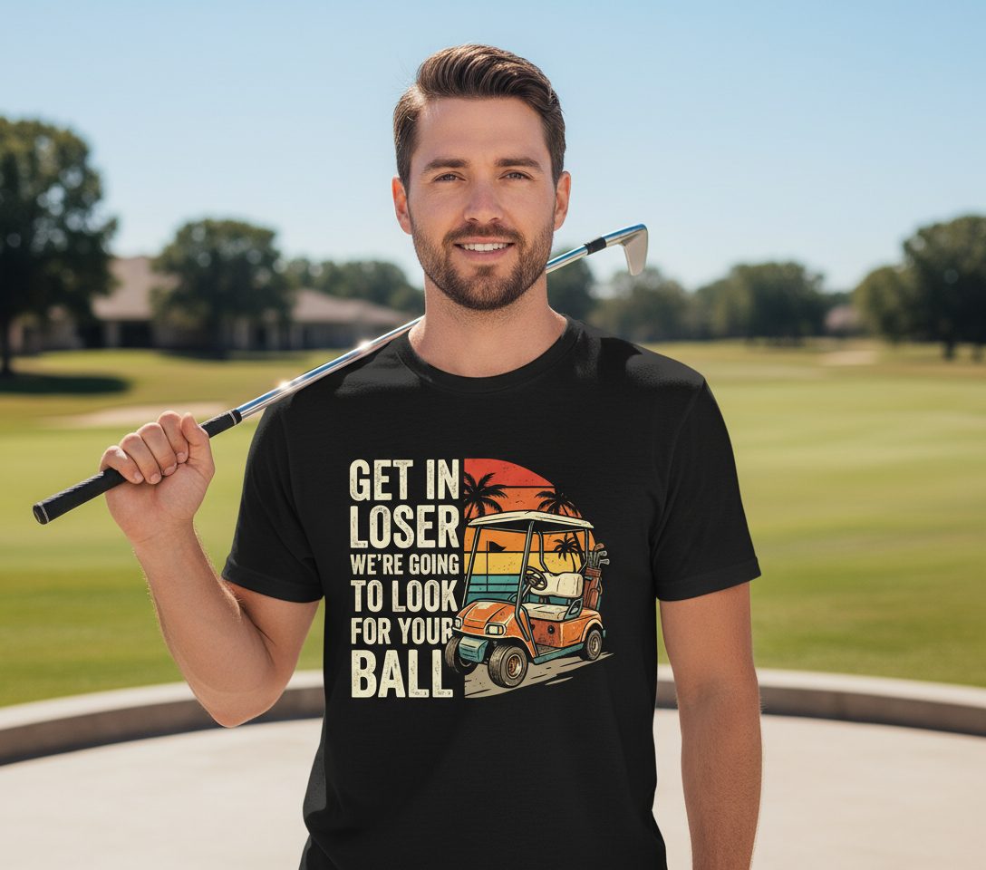 GET IN LOSER WE'RE GOING TO LOOK FOR YOUR BALL Funny Golf T-Shirt - lifestyle model mockup - Black