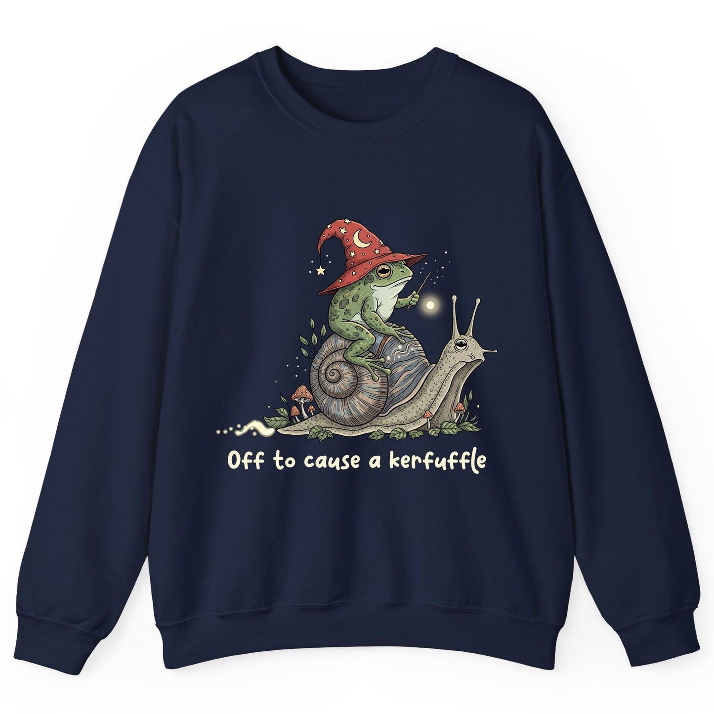 Off to Cause a Kerfuffle wizard frog Sweatshirt Navy product mockup