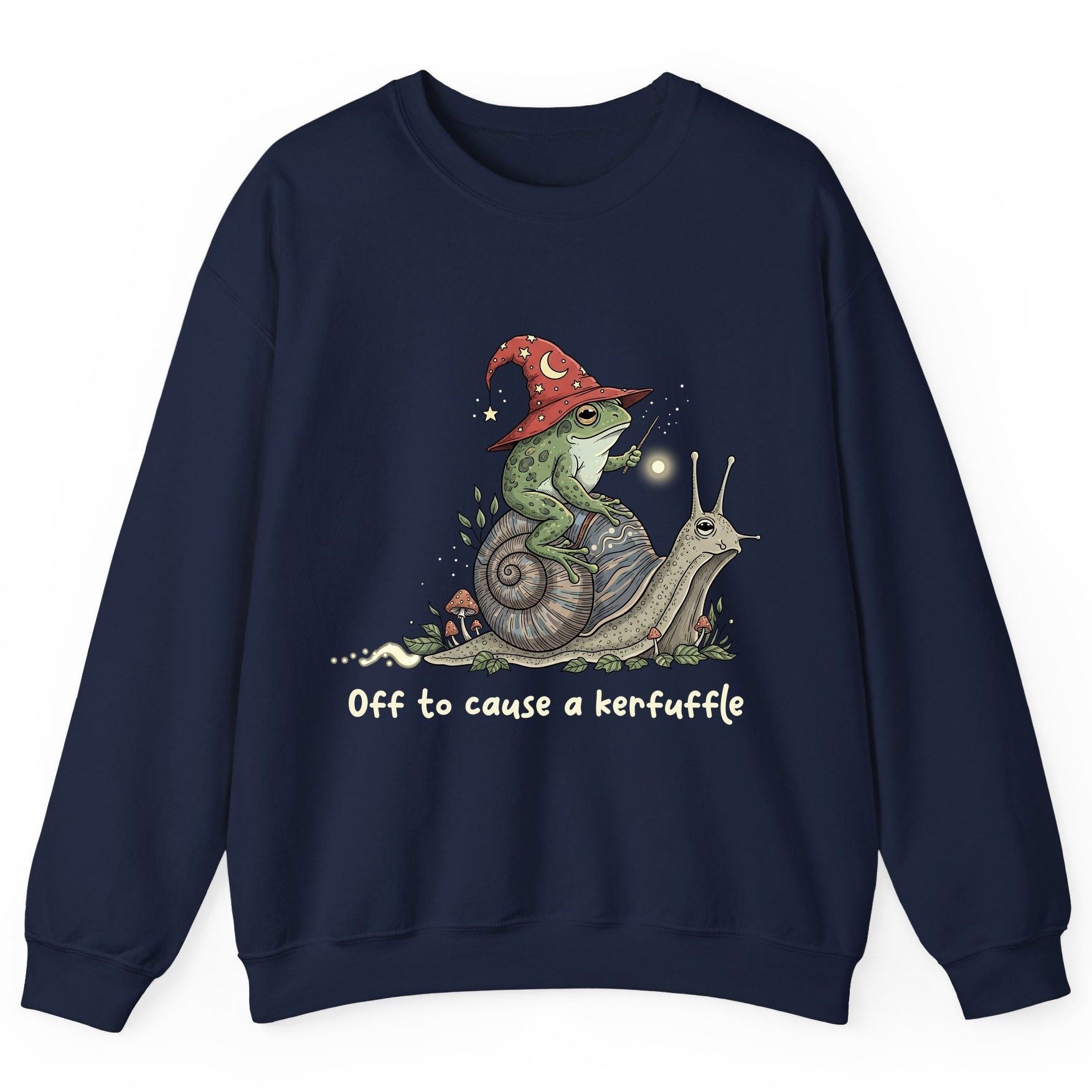 Off to Cause a Kerfuffle wizard frog Sweatshirt Navy product mockup