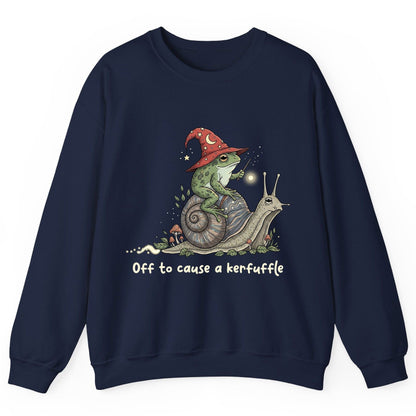 Off to Cause a Kerfuffle wizard frog Sweatshirt Navy product mockup