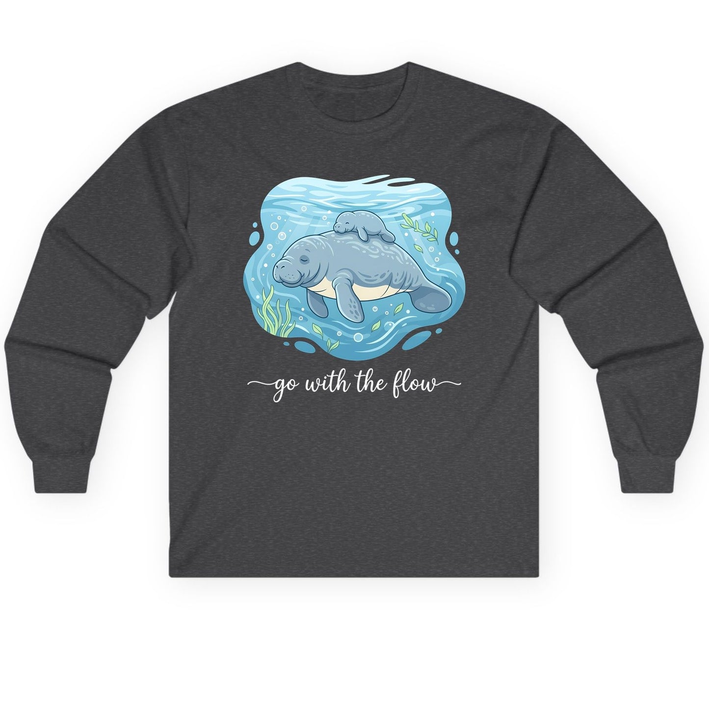 Go with the Flow Manatee Long Sleeve Tee - product mockup - Dark Heather