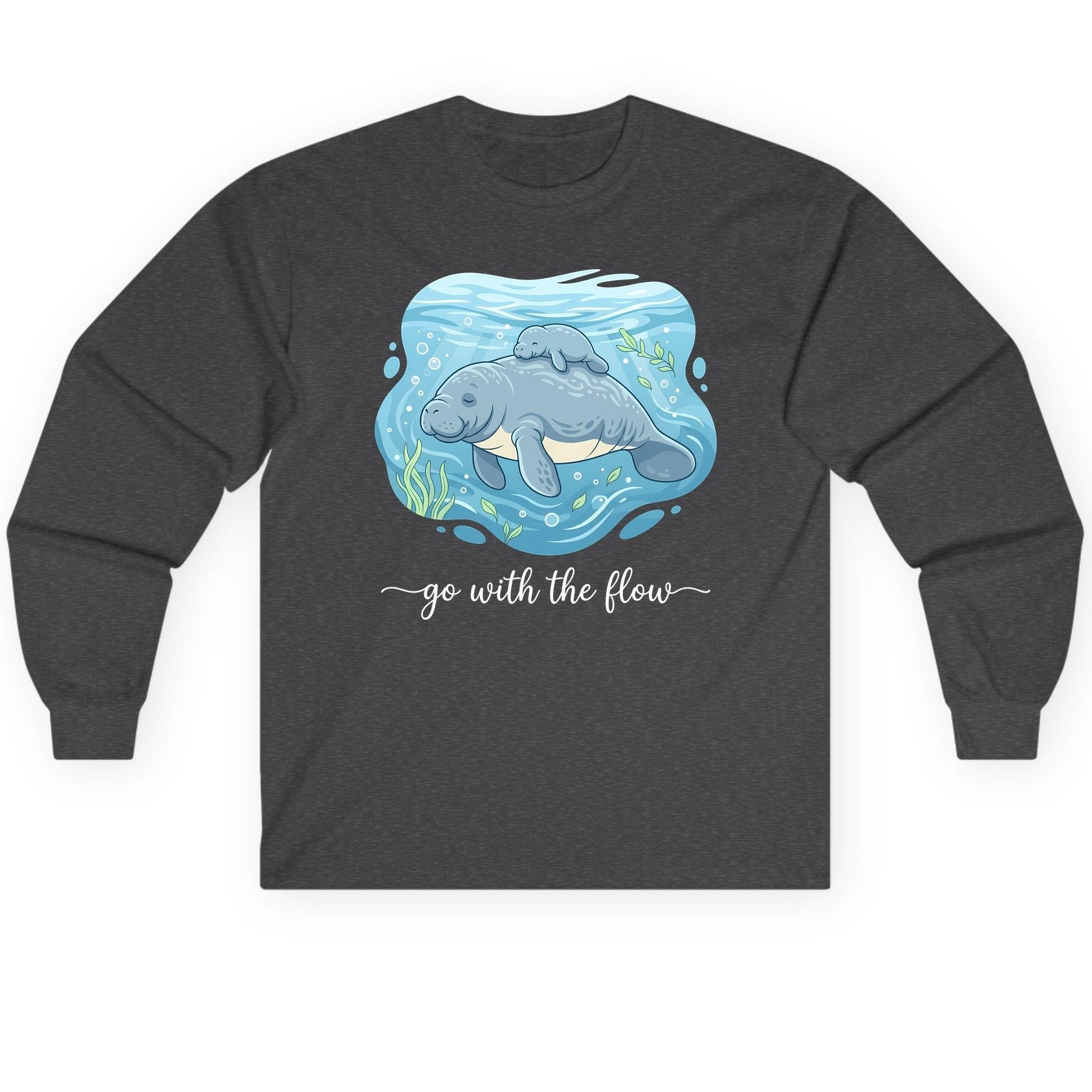 Go with the Flow Manatee Long Sleeve Tee - product mockup - Dark Heather