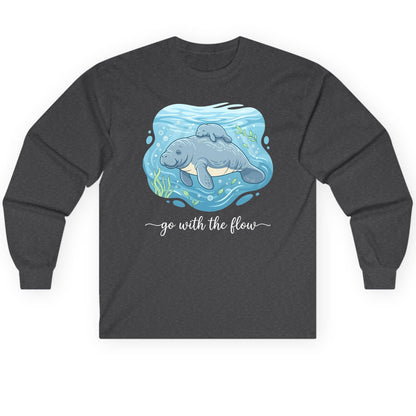 Go with the Flow Manatee Long Sleeve Tee - product mockup - Dark Heather
