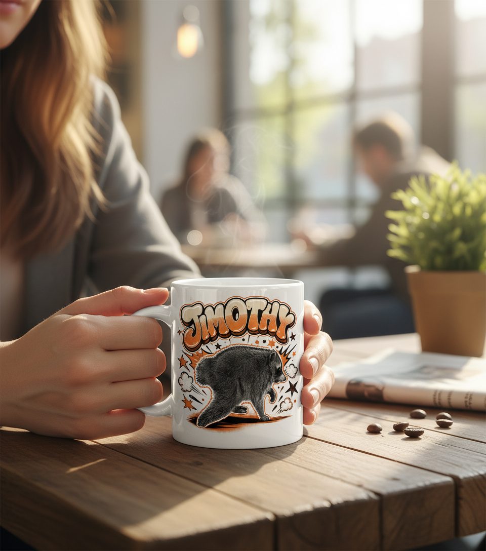 Timothy Retro Raccoon White Mug - lifestyle model mockup - White