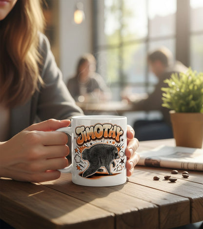Timothy Retro Raccoon White Mug - lifestyle model mockup - White