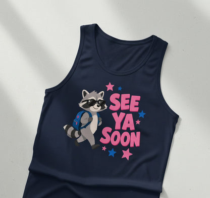 See Ya Soon Raccoon Tank Top - product mockup - Navy