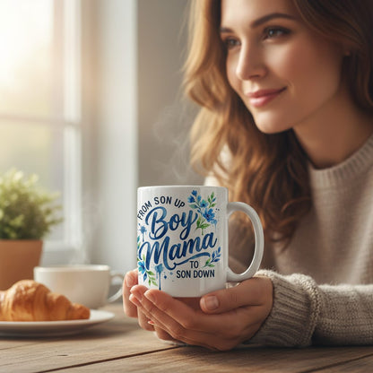 From Son Up Boy Mama to Son Down Moms White Mug - lifestyle model mockup - White