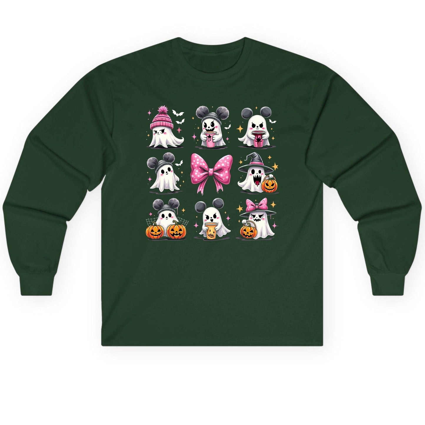 Cute Pink Halloween Ghosts Halloween ghosts Long Sleeve Tee Forest Green product mockup