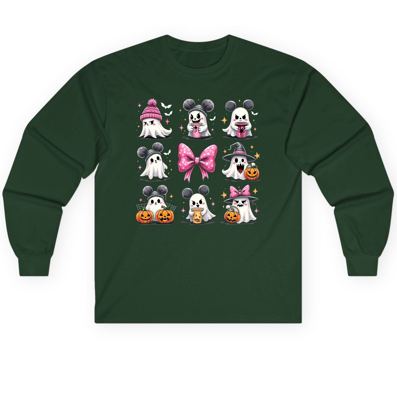 Cute Pink Halloween Ghosts Halloween ghosts Long Sleeve Tee Forest Green product mockup
