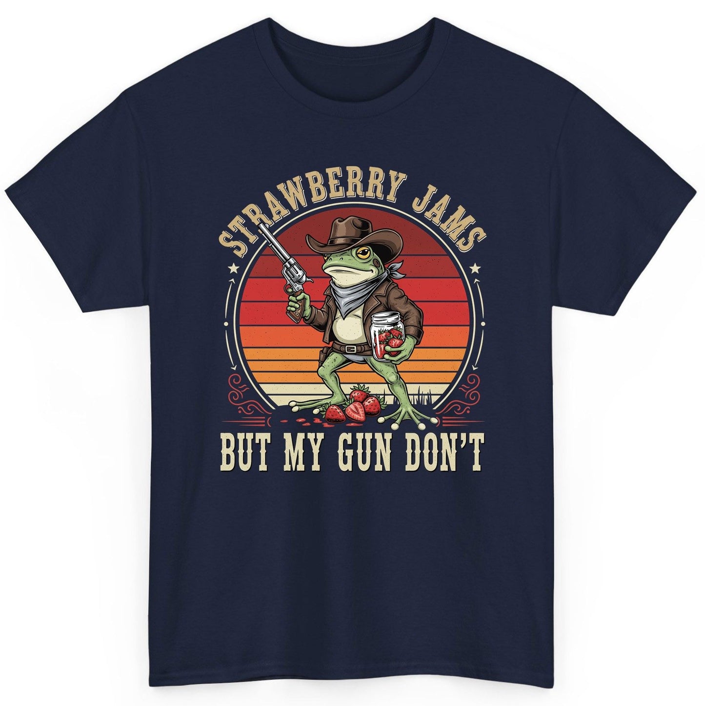 Strawberry Jams but My Gun Don't cowboy frog T-Shirt Navy product mockup