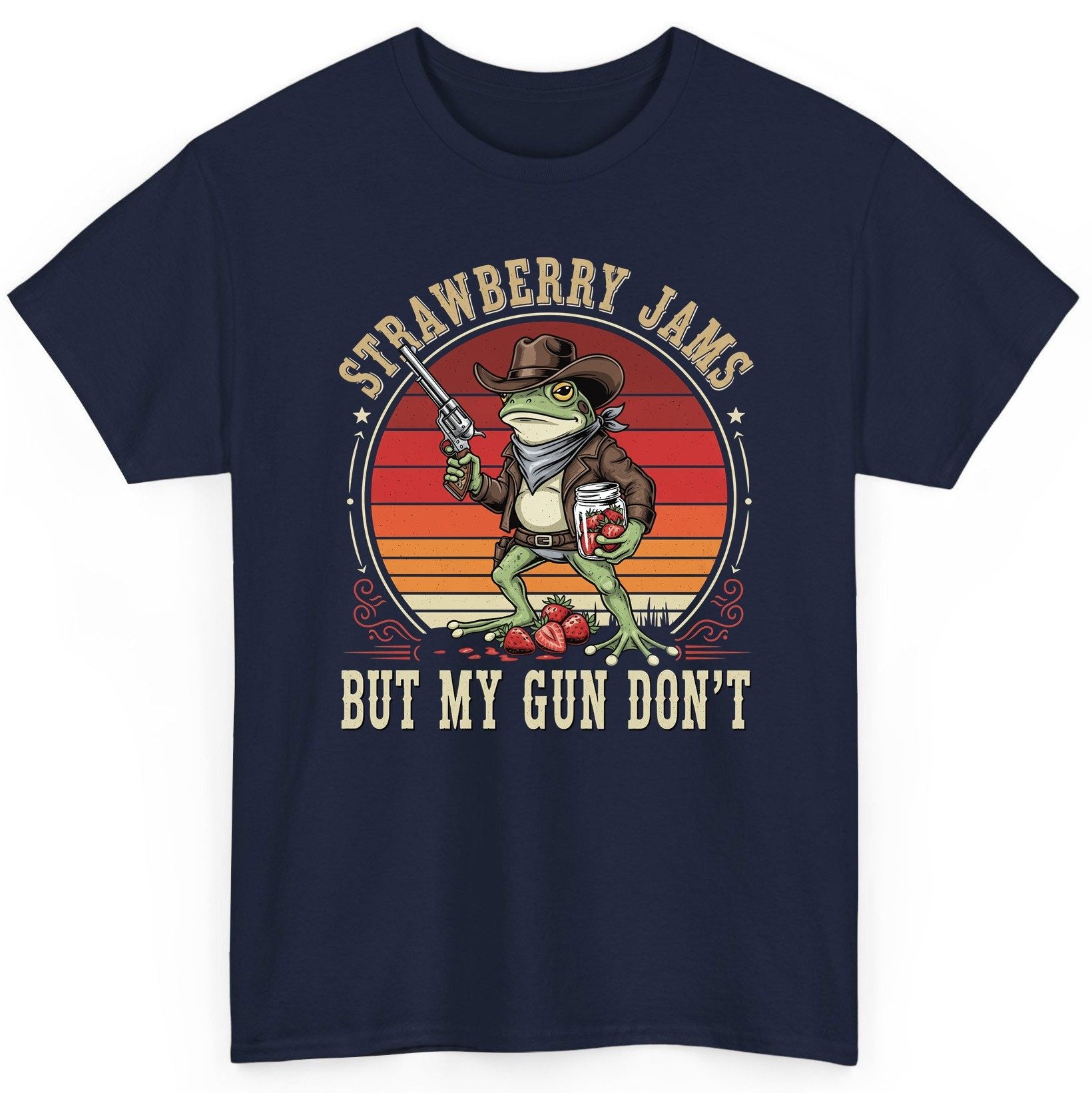 Strawberry Jams but My Gun Don't cowboy frog T-Shirt Navy product mockup