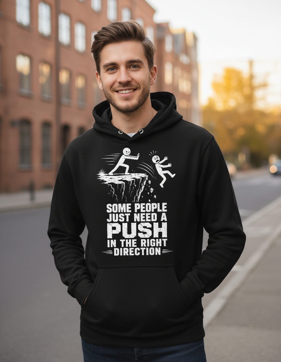 Some People Just Need a Push in the Right Direction Funny Dark Humor Hoodie - lifestyle model mockup - Black