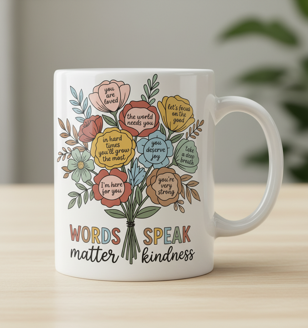 Floral Bouquet of Kindness Positive Affirmations White Mug - White