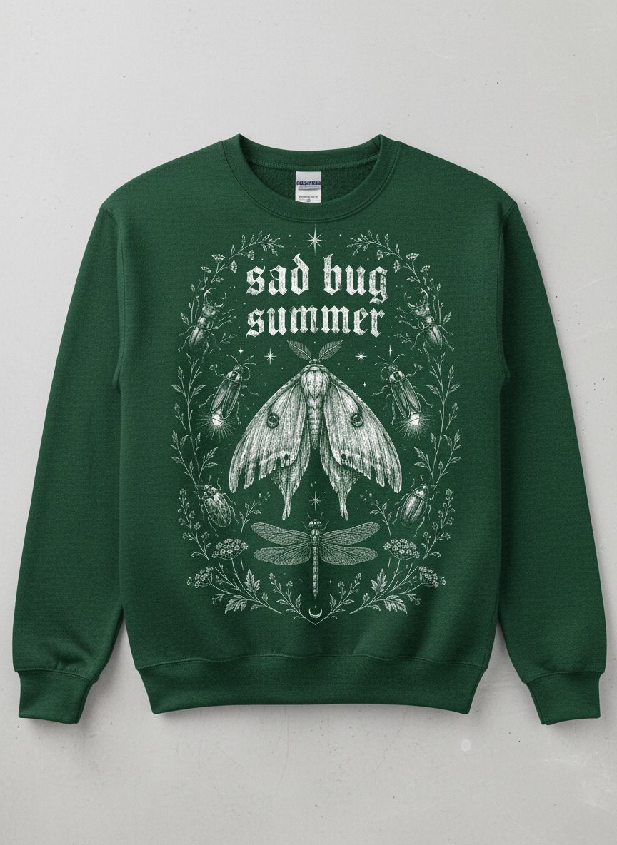 Sad Bug Summer Vintage Insects Sweatshirt - product mockup - Forest Green