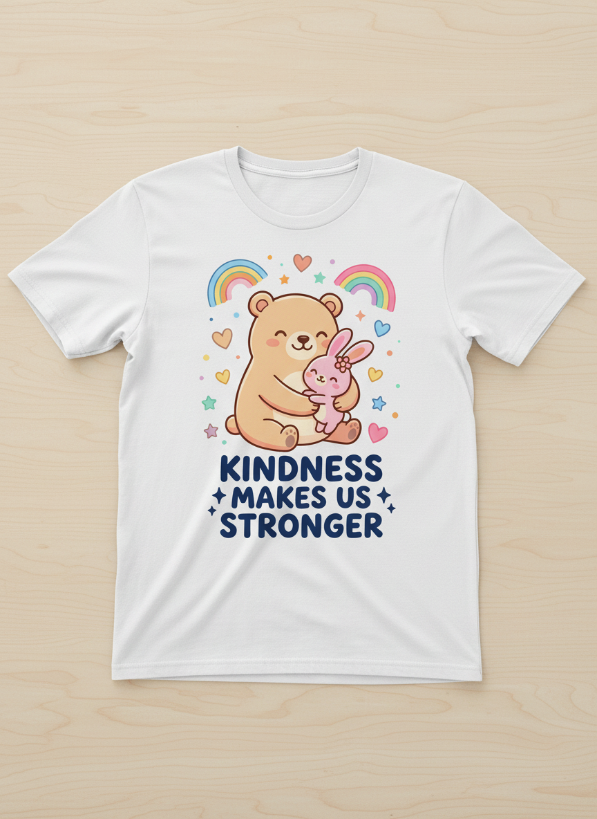 Cute Bear and Bunny Hug Kindness Makes Us Stronger Design T-Shirt - White