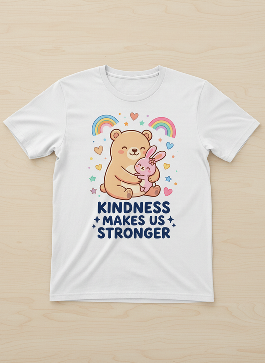Cute Bear and Bunny Hug Kindness Makes Us Stronger Design T-Shirt - White