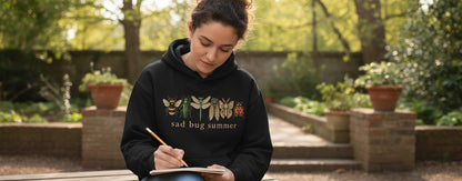 Sad Bug Summer Vintage Insects Hoodie - lifestyle model mockup - Black