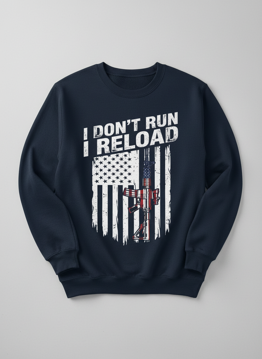 I Don't Run I Reload Patriotic American Flag Rifle Sweatshirt - Navy