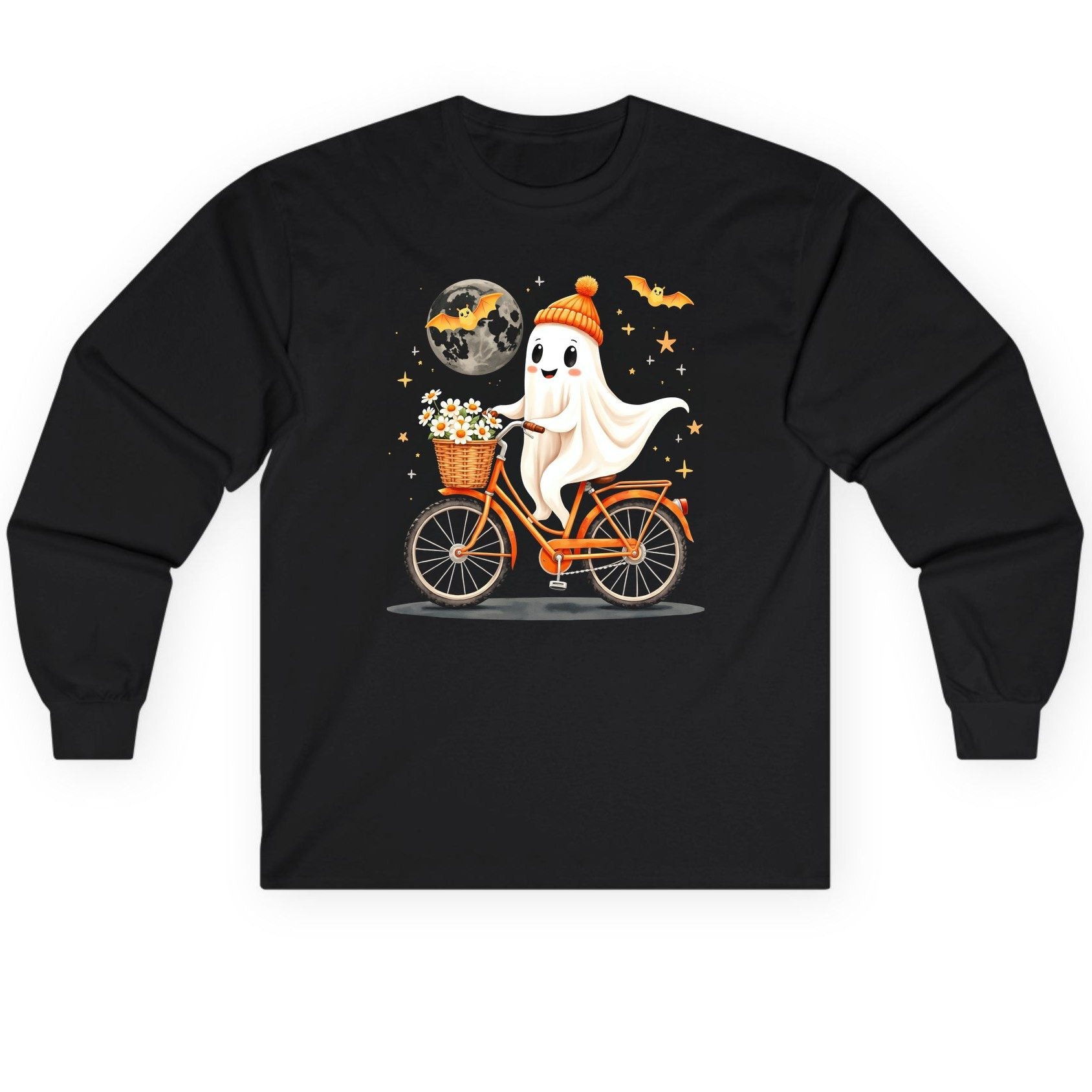 Cute Ghost on Bicycle cute ghost Long Sleeve Tee Black product mockup