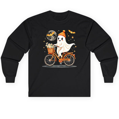 Cute Ghost on Bicycle cute ghost Long Sleeve Tee Black product mockup