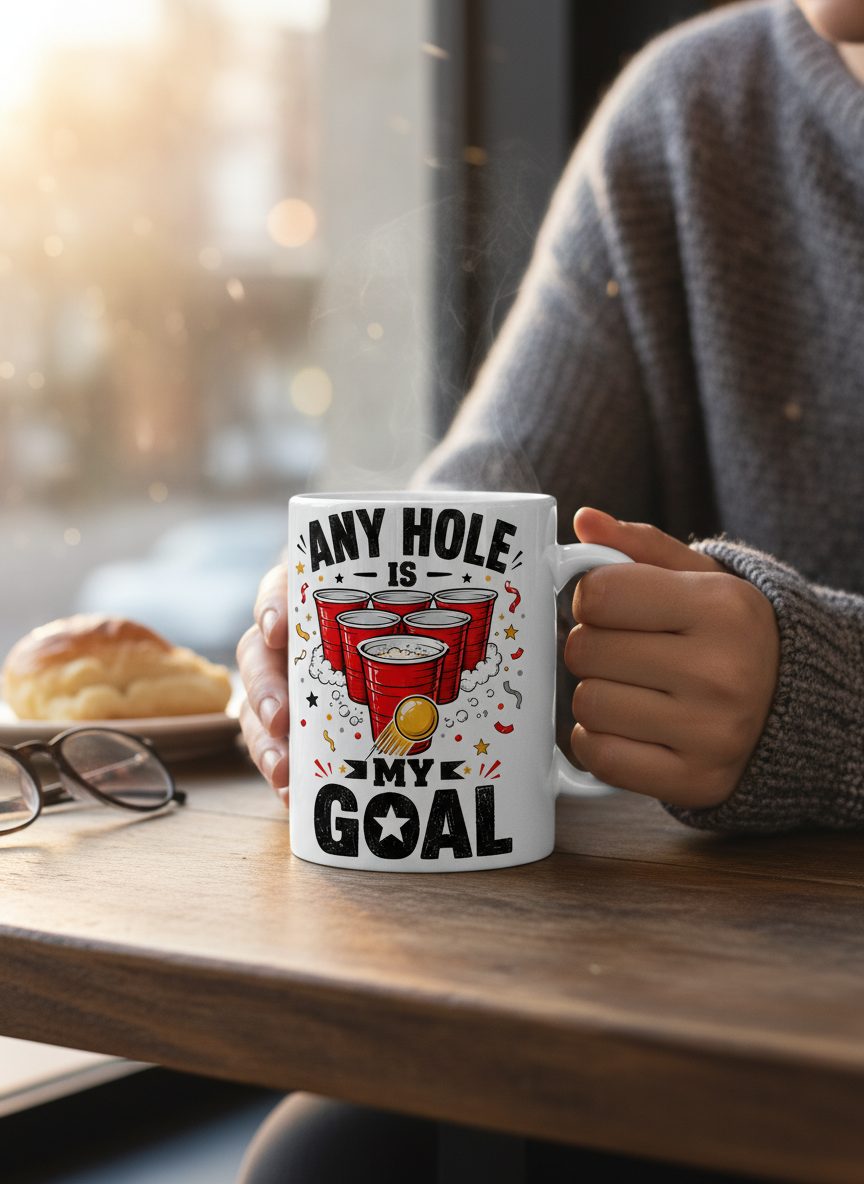 Any Hole Is My Goal Funny Beer Pong White Mug - lifestyle model mockup - White