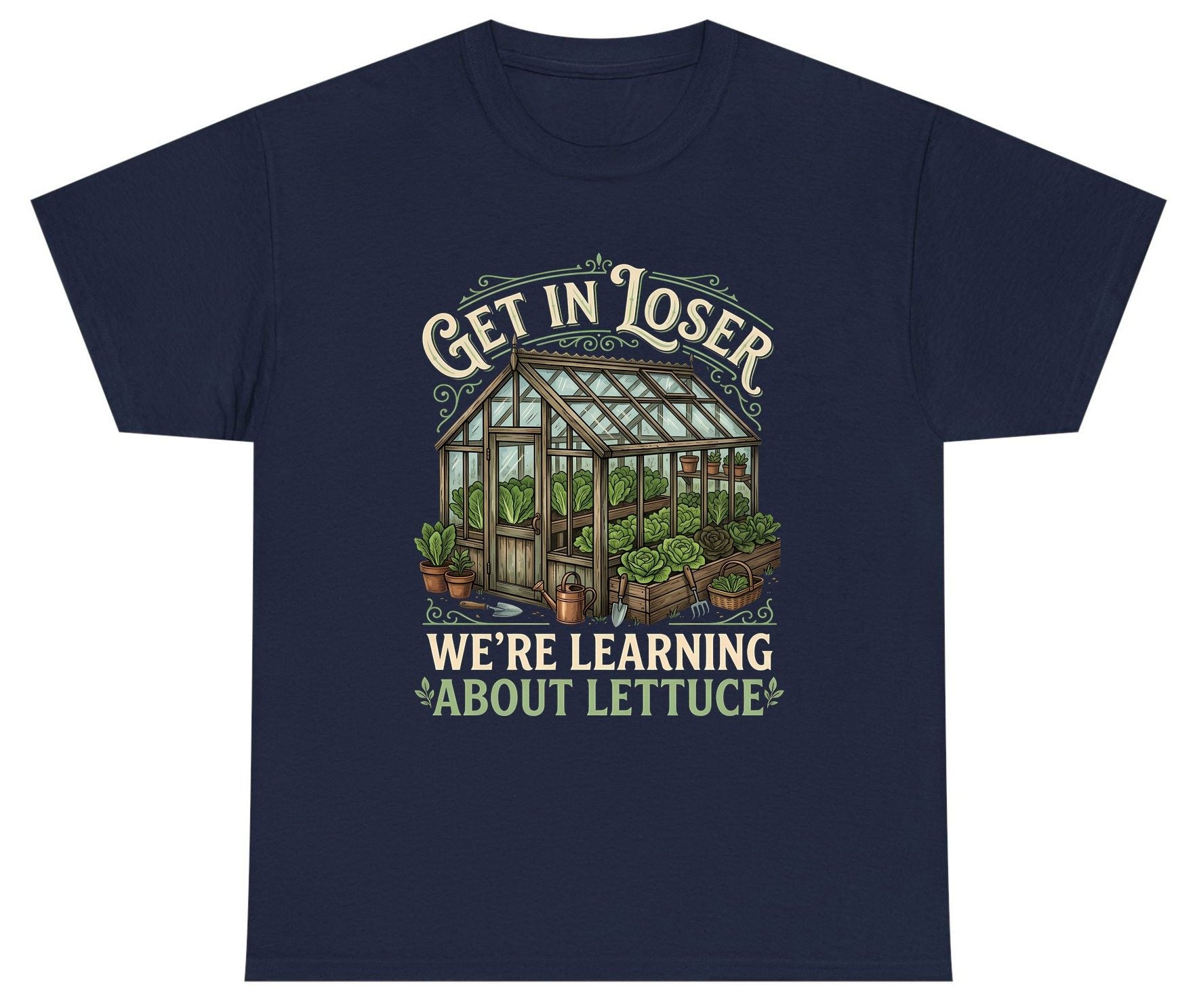 GET IN LOSER WE'RE Learning ABOUT Lettuce Youth T-Shirt - product mockup - Navy