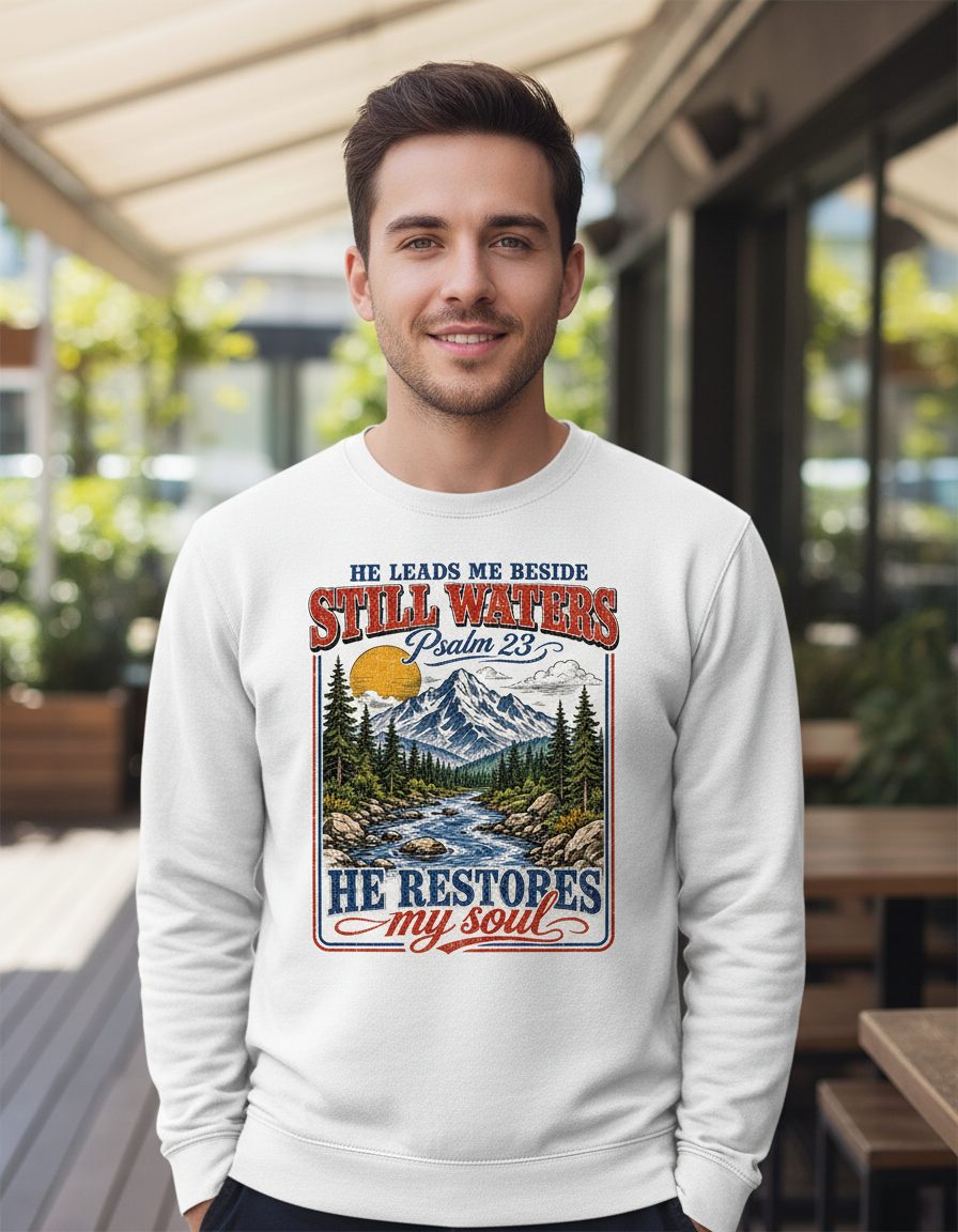 He Leads Me Beside Still Waters Psalm 23 He Restores My Sweatshirt - product mockup - White