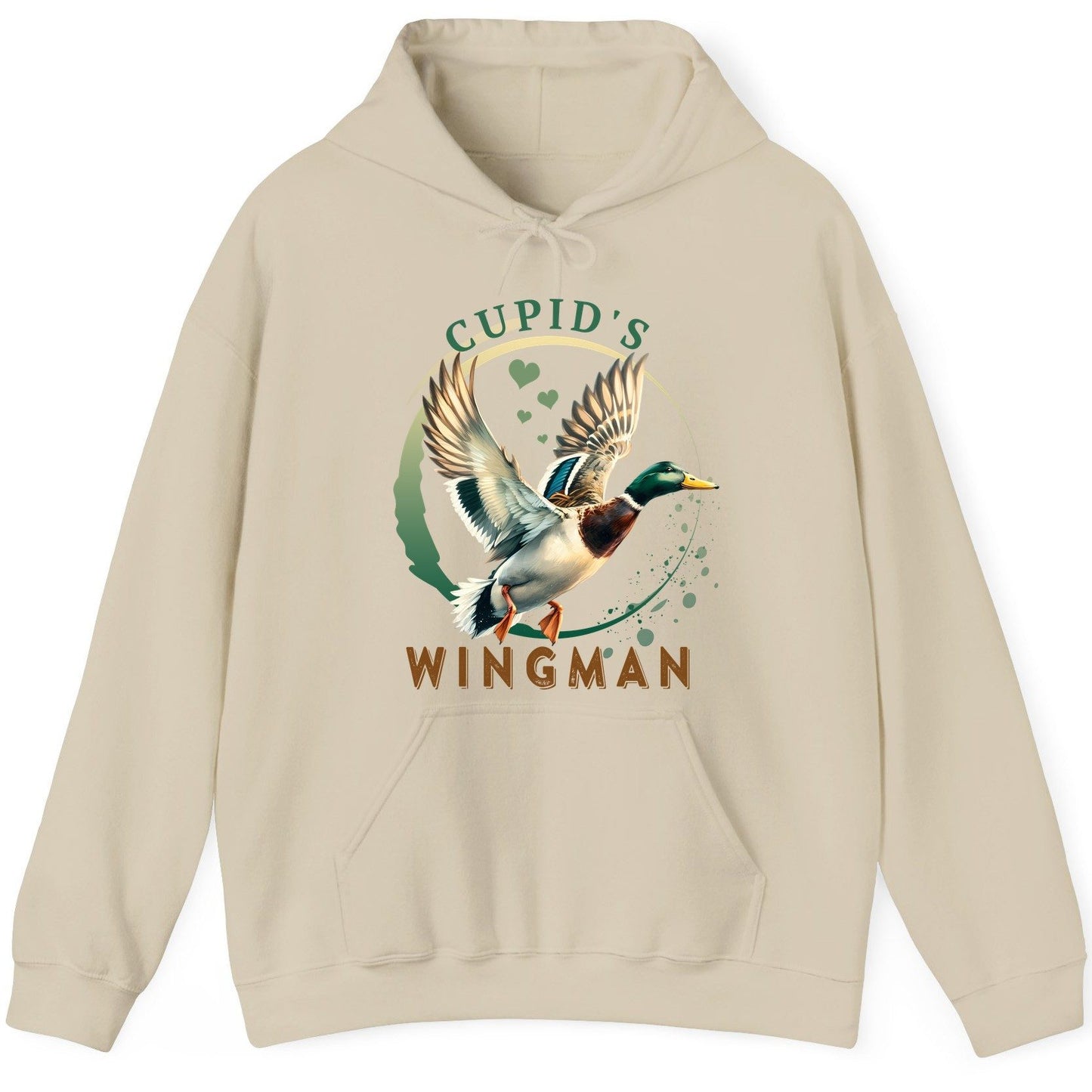Cupid's Wingman mallard duck Hoodie Sand product mockup