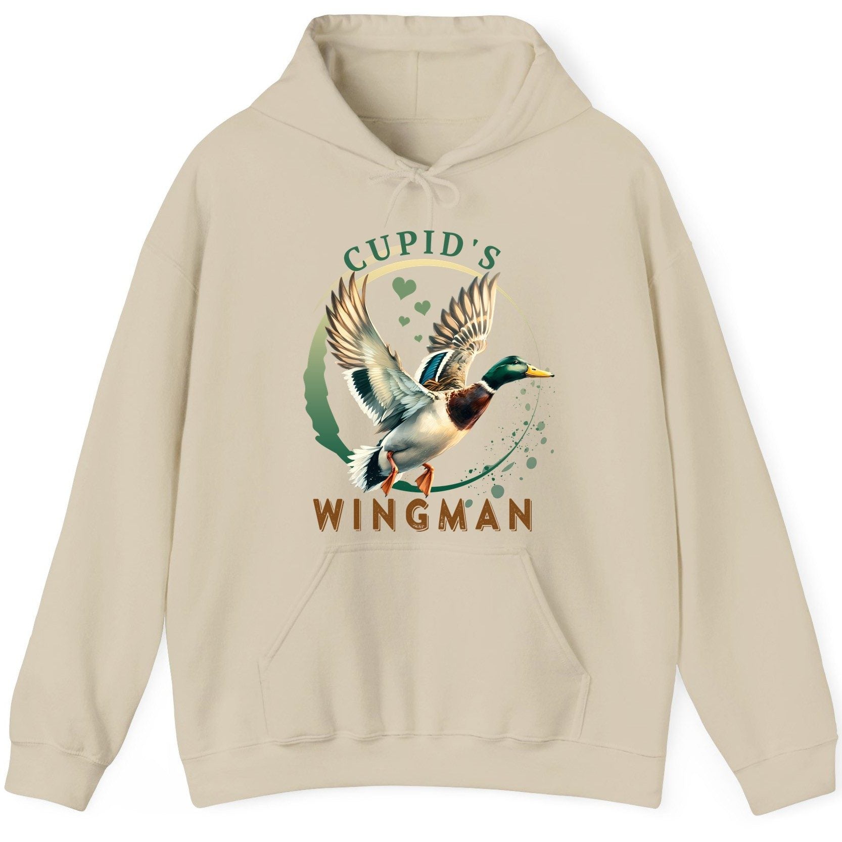 Cupid's Wingman mallard duck Hoodie Sand product mockup