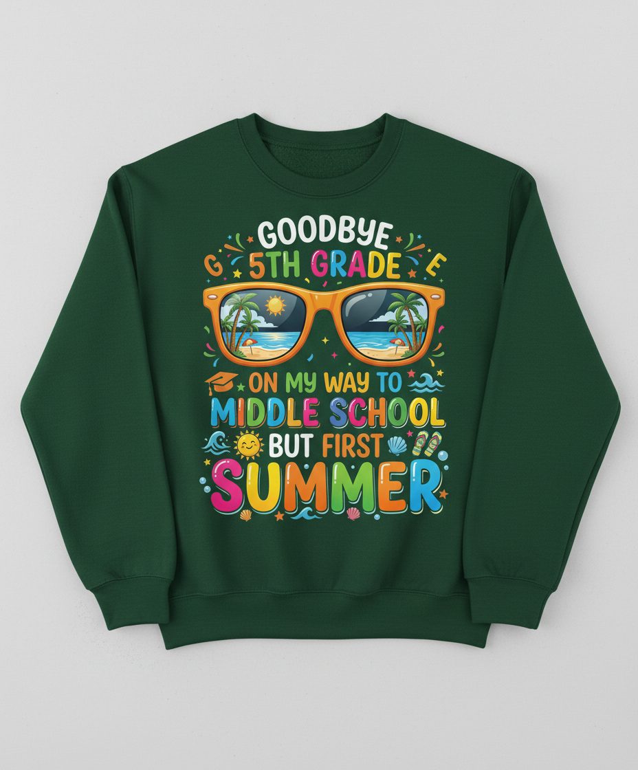 Goodbye 5th Grade on My Way to Middle School but First Sweatshirt - product mockup - Forest Green