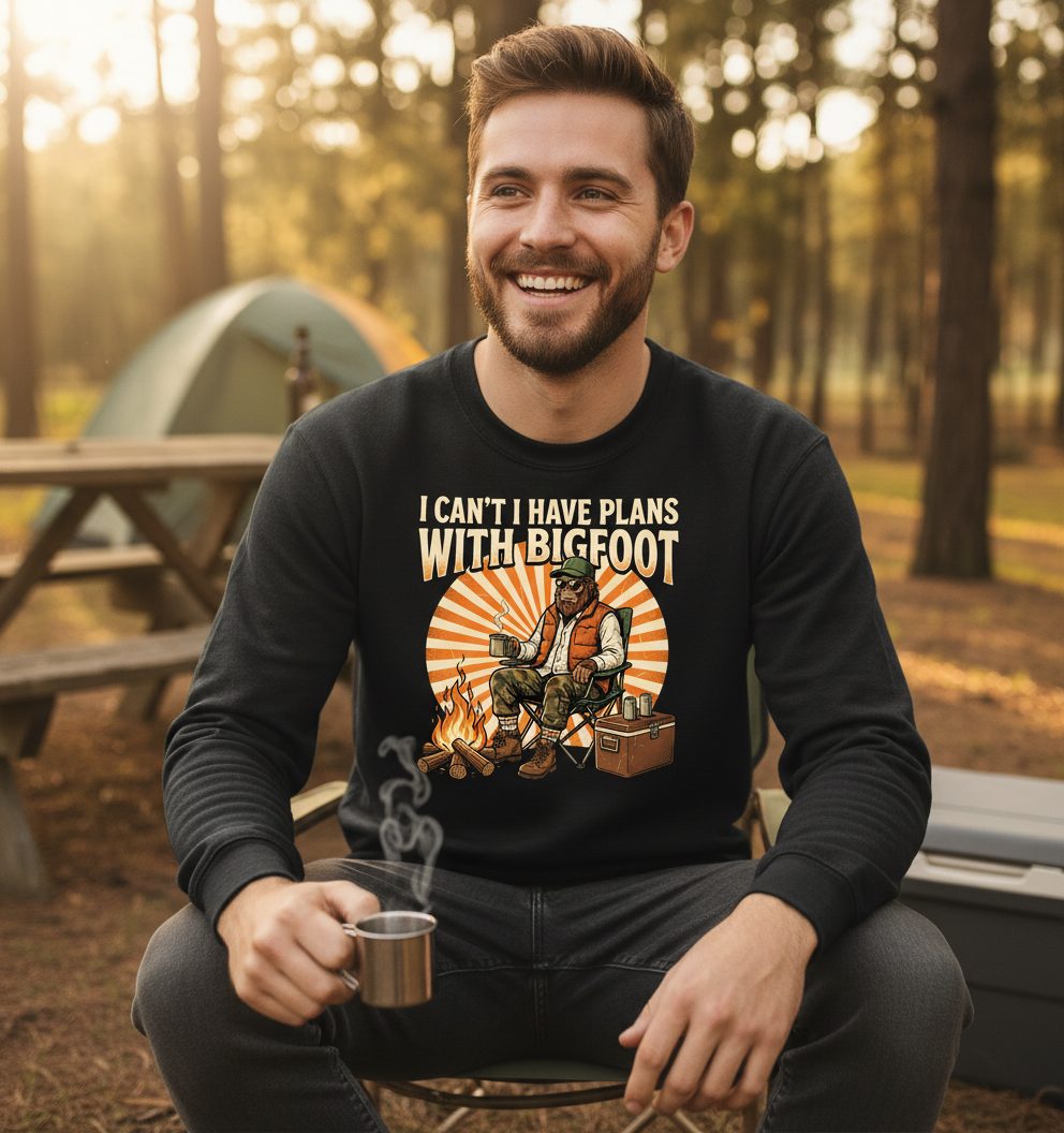 I Can't I Have Plans with Bigfoot bigfoot Sweatshirt Black lifestyle mockup
