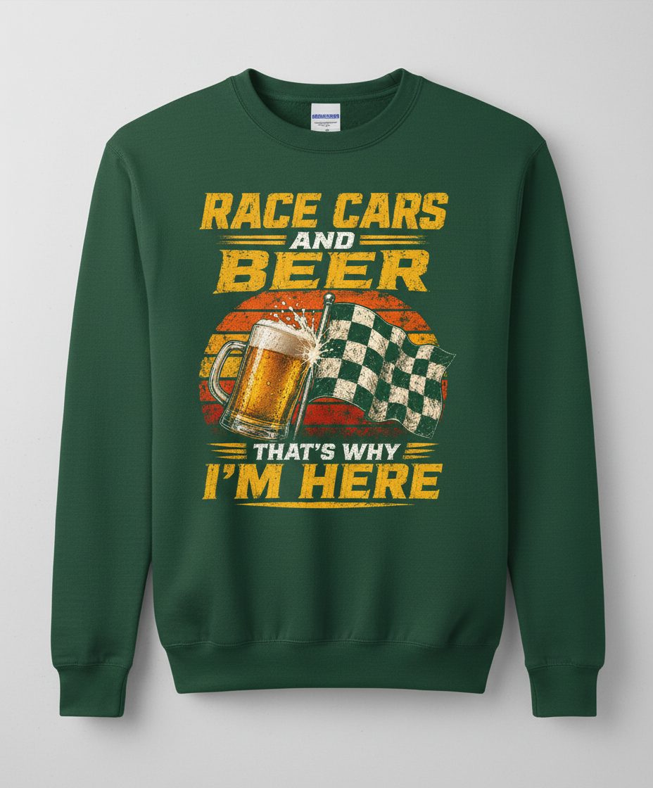 Race Cars and Beer That's Why I'm Here Funny Racing Sweatshirt - product mockup - Forest Green