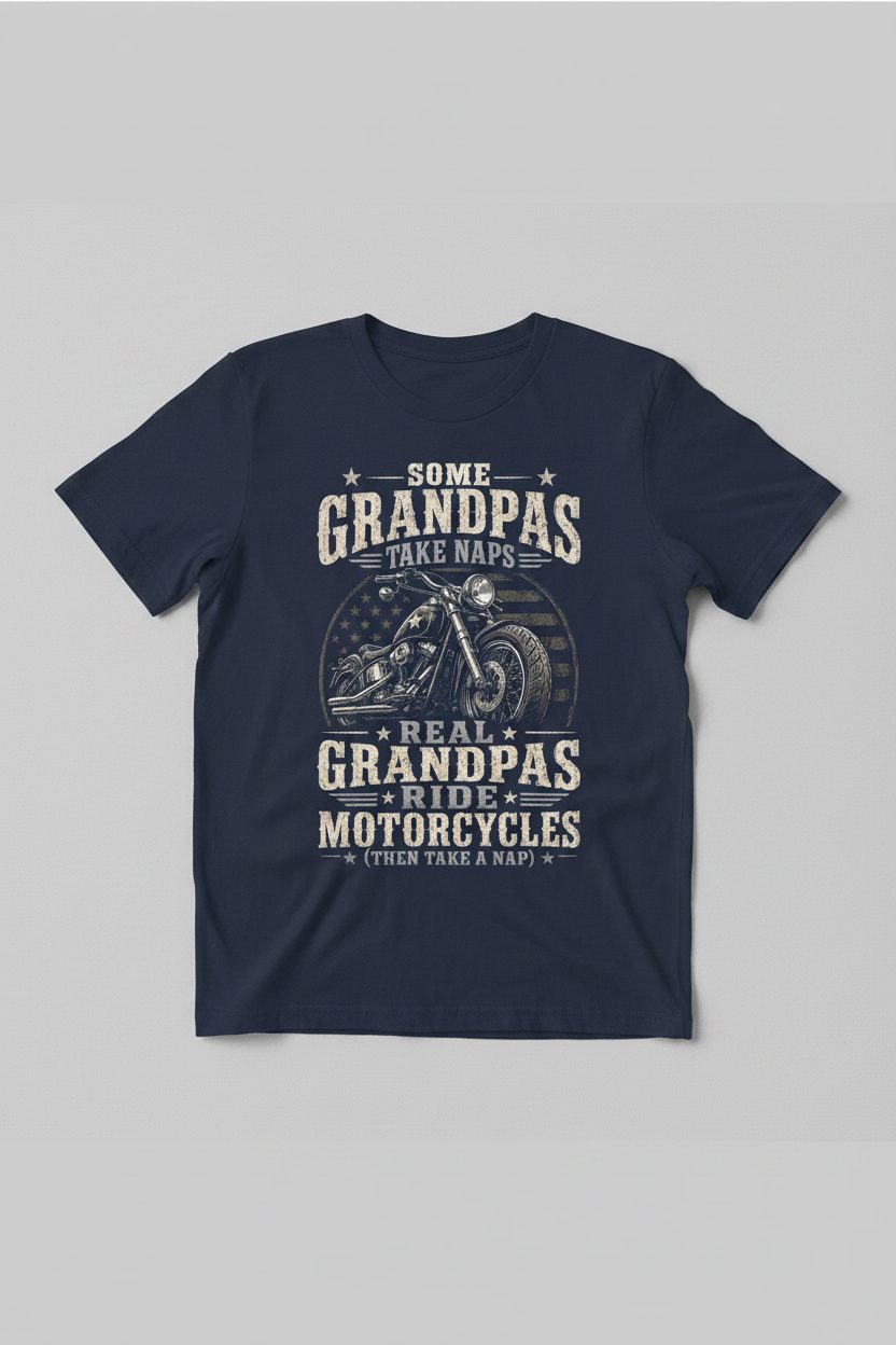 Some Grandpas Take Naps Real Grandpas Ride Motorcycles (then Take a Nap) Funny Detailed Illustration of Classic Motorcycle with Distressed Texture in the Background Is Subtle Weathered American Flag Pattern Stars and Stripes T-Shirt - product mockup - Navy