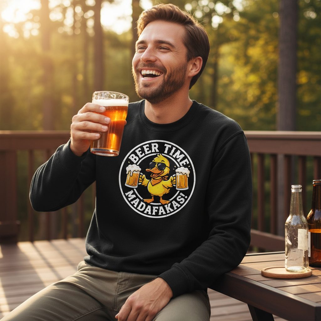BEER TIME MADAFFAKAS! Funny Duck drinking beer Beer Time Madafakas Duck Sweatshirt - lifestyle model mockup - Black