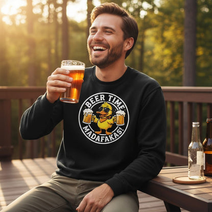 BEER TIME MADAFFAKAS! Funny Duck drinking beer Beer Time Madafakas Duck Sweatshirt - lifestyle model mockup - Black