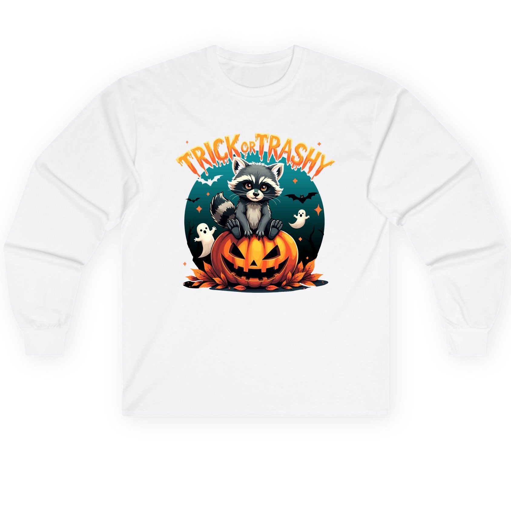 Trick or Trashy Halloween raccoon Long Sleeve Tee White product mockup