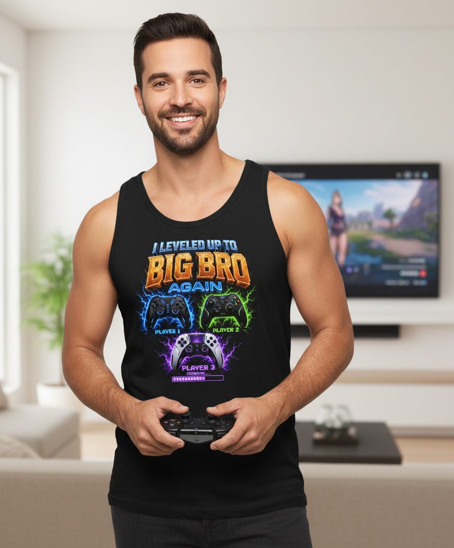 I Leveled Up to Big Bro Again Gamer Brother Tank Top - lifestyle model mockup - Black