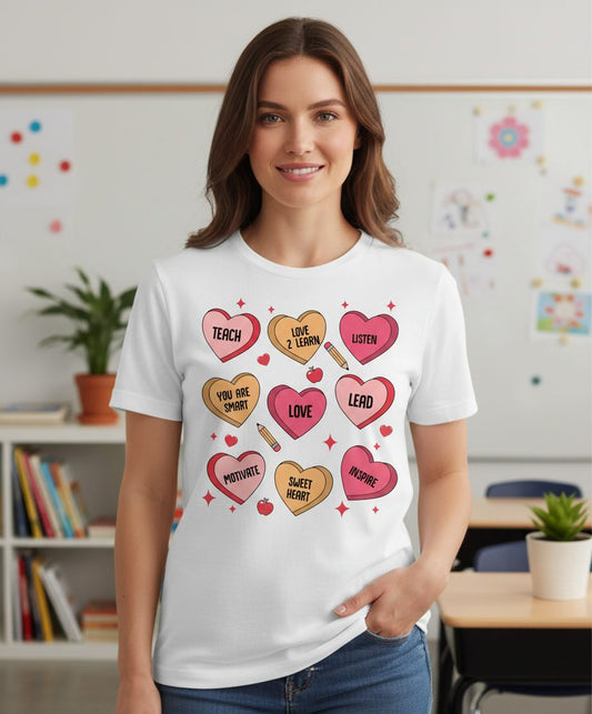 Inspirational Teacher Conversation Hearts teacher appreciation T-Shirt White lifestyle mockup