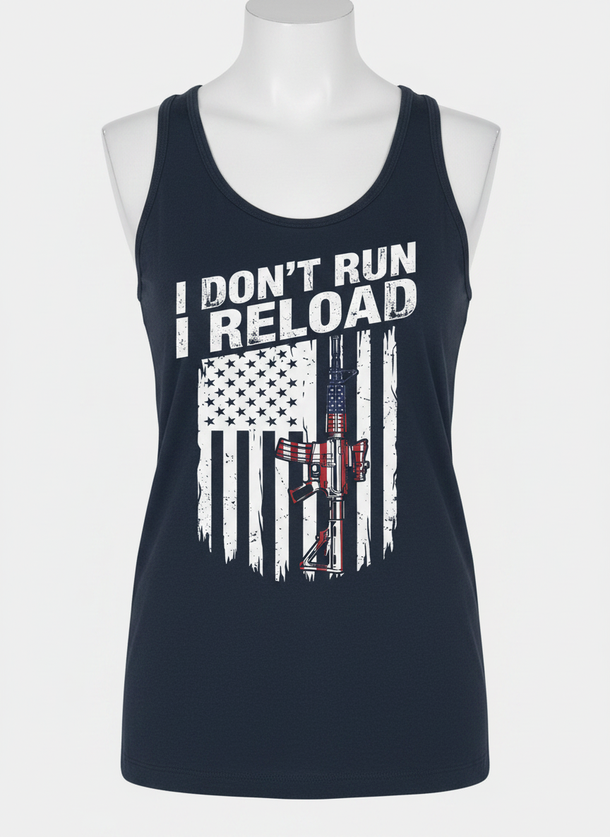 I Don't Run I Reload Patriotic American Flag Rifle Tank Top - Navy