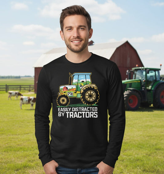 Easily Distracted by Tractors farming Long Sleeve Tee Black lifestyle mockup