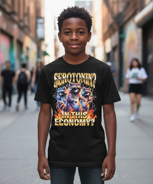 Serotonin in This Economy? raccoon Youth T-Shirt Black lifestyle mockup