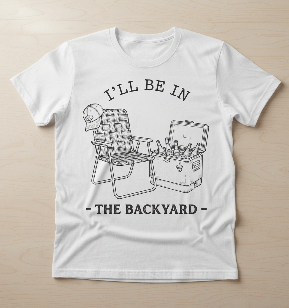 I'll Be In The Backyard Lawn Chair and Beer Cooler Design T-Shirt - White