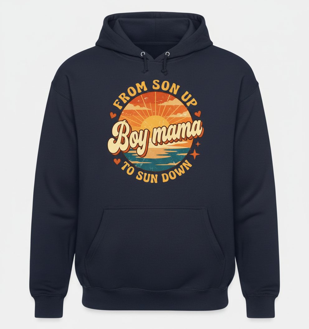 From Son Up to Sun Down Boy Mama Retro Mothers of Sons Hoodie - product mockup - Navy